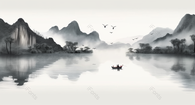 新中式古典水面倒影山水画,插画/手绘图,插画/手绘图库,插画/手绘图下载,插画/手绘